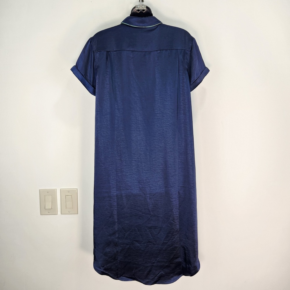 Wildfang NWOT Empower Satin Shirt Dress XS Navy Blue Short Sleeve Midi WD8211‎ - Picture 2 of 7